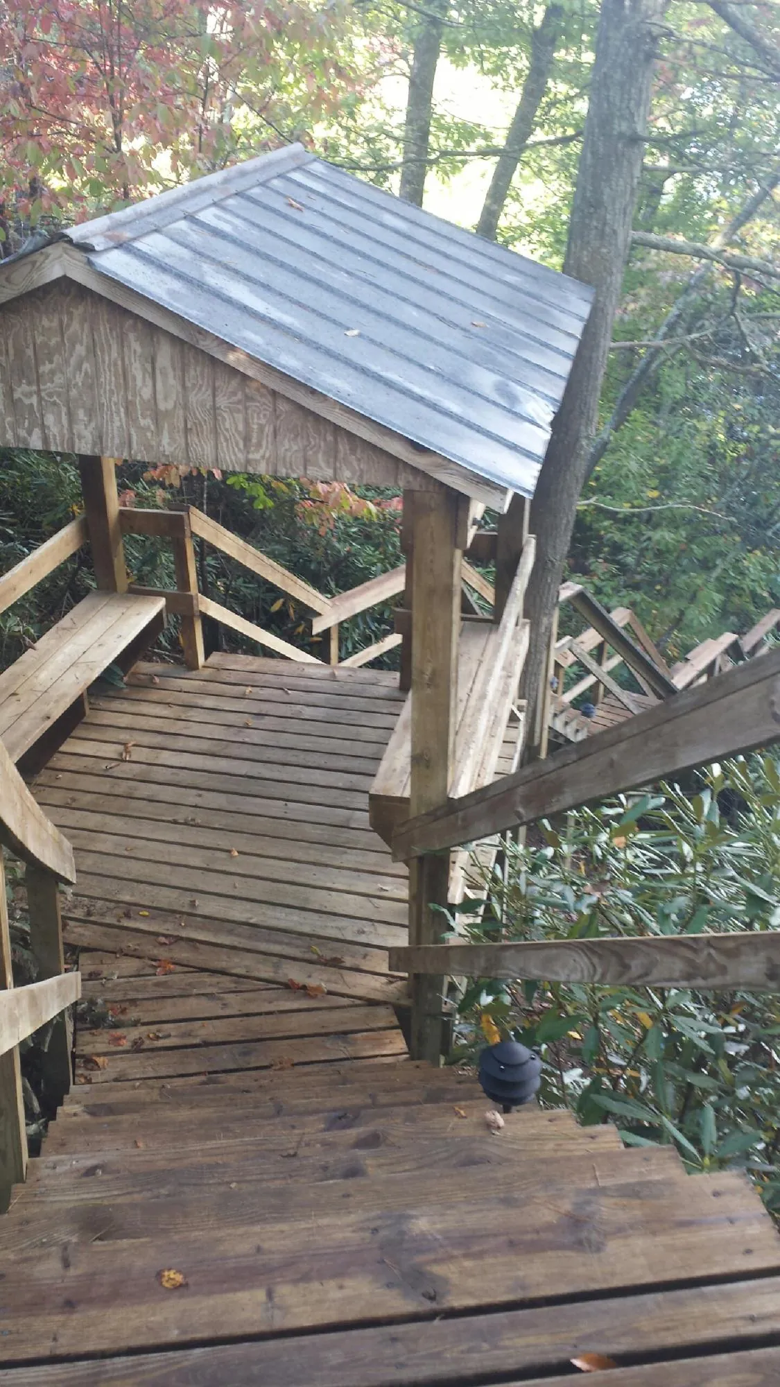 Metal roofed shelter over wooden steps on a wooded walkway — Skylight Repair & Installation work by our crew in Boyden